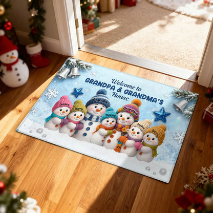 Welcome To Grandparents' House! Personalized Snowman Winter Non-Slip Standard Doormat, Festive Porch Decor Mat, Family Entrance Gift