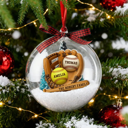 Snow Globe Ornament with Baseball Glove & Softball, Custom Family Keepsake for the Tree, Unique Holiday Gift for Sports Fans