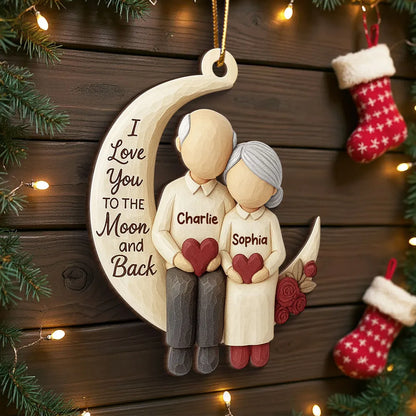 Wooden Ornament - I Love You to the Moon, Carved Couple Design, Unique Christmas Gift for Couples or Grandparents