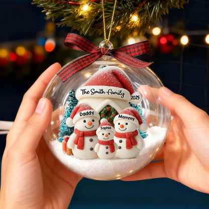 Snowman Family Ball Ornament - Snow Globe Look, Cozy Snow House - A unique Christmas gift for Parents & Family