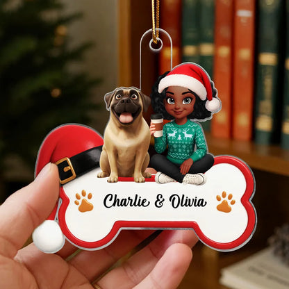 Acrylic Ornament - Personalized Girl with Dog Bone Design for Christmas Tree, unique gift for Dog Lovers