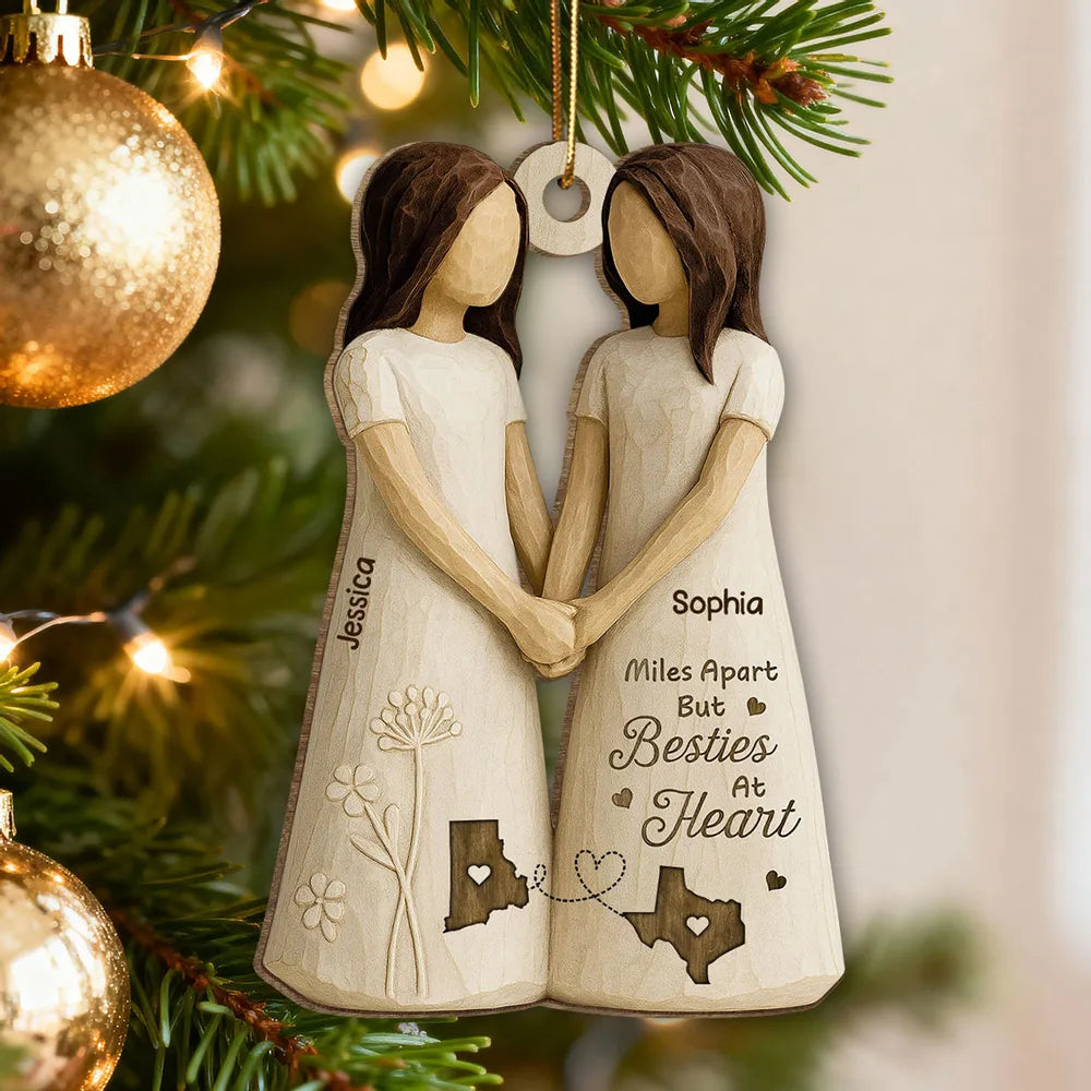 Personalized Wooden Ornament Best Friends Holding Hands, Simple Neutral Decor, Unique Besties Gift for Her