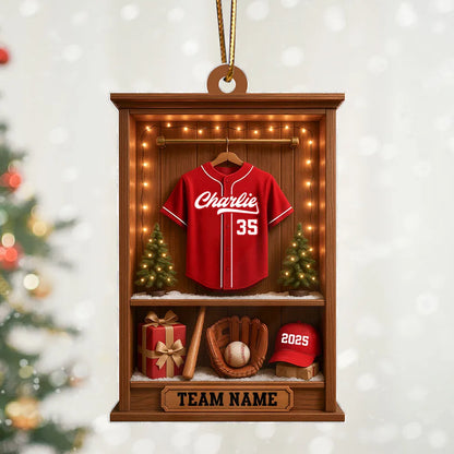 Personalized Baseball Acrylic Ornament, Warm Wood Locker Scene, Unique Christmas Gift for Baseball Fans