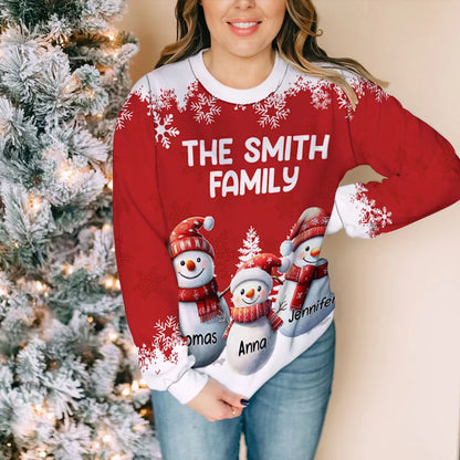 Printed Sweatshirt with All-Over Snowflakes & Snowman Family, Christmas-Ready Comfort, Unique Heartwarming Gift for Families