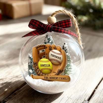Snow Globe Ornament with Baseball Glove & Softball, Custom Family Keepsake for the Tree, Unique Holiday Gift for Sports Fans
