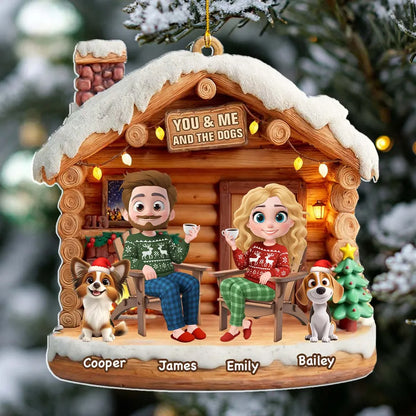 Custom You & Me and the Dog Acrylic Ornament for Couples, Cute Holiday Cabin Design, Heartwarming Christmas Tree Gift
