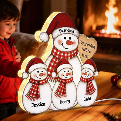 Acrylic Light Box Snowman Grandma & Grandkids, Christmas folk art, warm glow, unique gift for Grandma