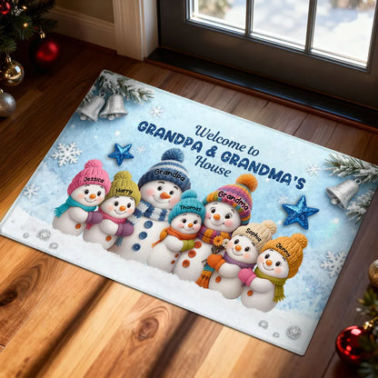 Welcome To Grandparents' House! Personalized Snowman Winter Non-Slip Standard Doormat, Festive Porch Decor Mat, Family Entrance Gift