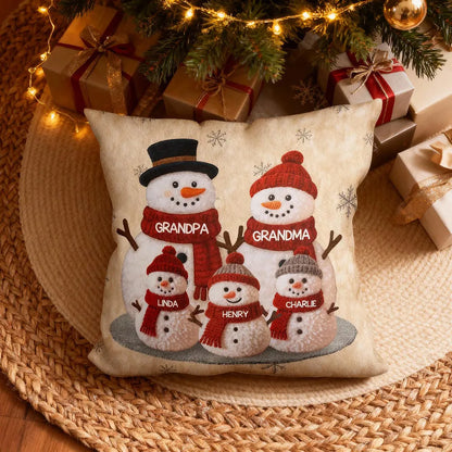 Square Pillow, Snowman Family Christmas Design, Personalized Holiday Decor, Cozy Accent for Grandma & Grandpa, a Unique Gift