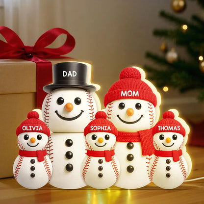 Baseball Snowman Family Acrylic Light Box, Personalized Design, Christmas Decor, Warm Glow, Unique Gift for Family