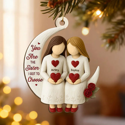 Wooden Ornament, Chosen Sister Friendship Design for Christmas Tree, crescent moon hearts, a unique gift for Best Friend