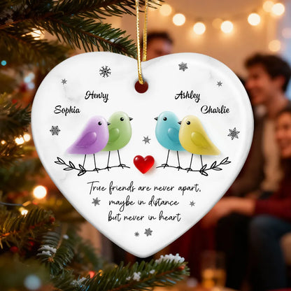 Ceramic Heart Ornament - Colorful Birds, Red Heart & Snowflakes - Unique Gift for Friends, Besties, Long-Distance Bond
