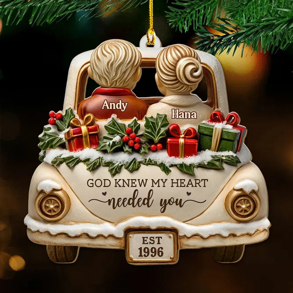Personalized Acrylic Ornament, Couple in Snowy Car, God Knew My Heart Needed You, Unique Gift