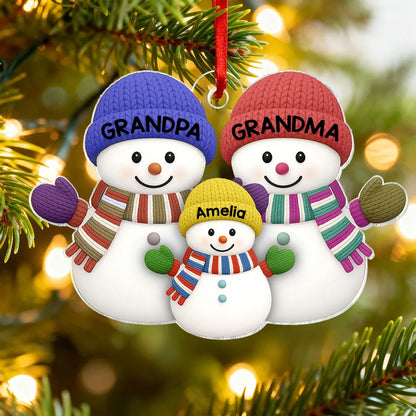 Grandparents & Grandchild Snowman Acrylic Ornament – Heartwarming Family Design, Perfect Holiday Gift