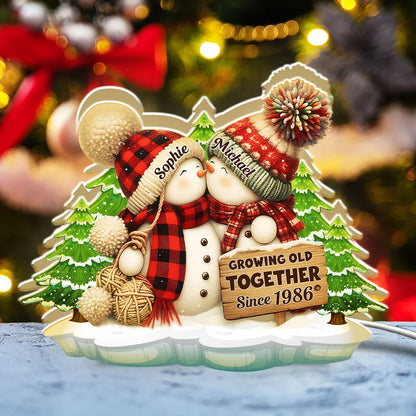 Acrylic Light Box, Snowman Couple Hug in Winter Pines, Warm Glow Decor, Growing Old Together, Unique Gift for Couples