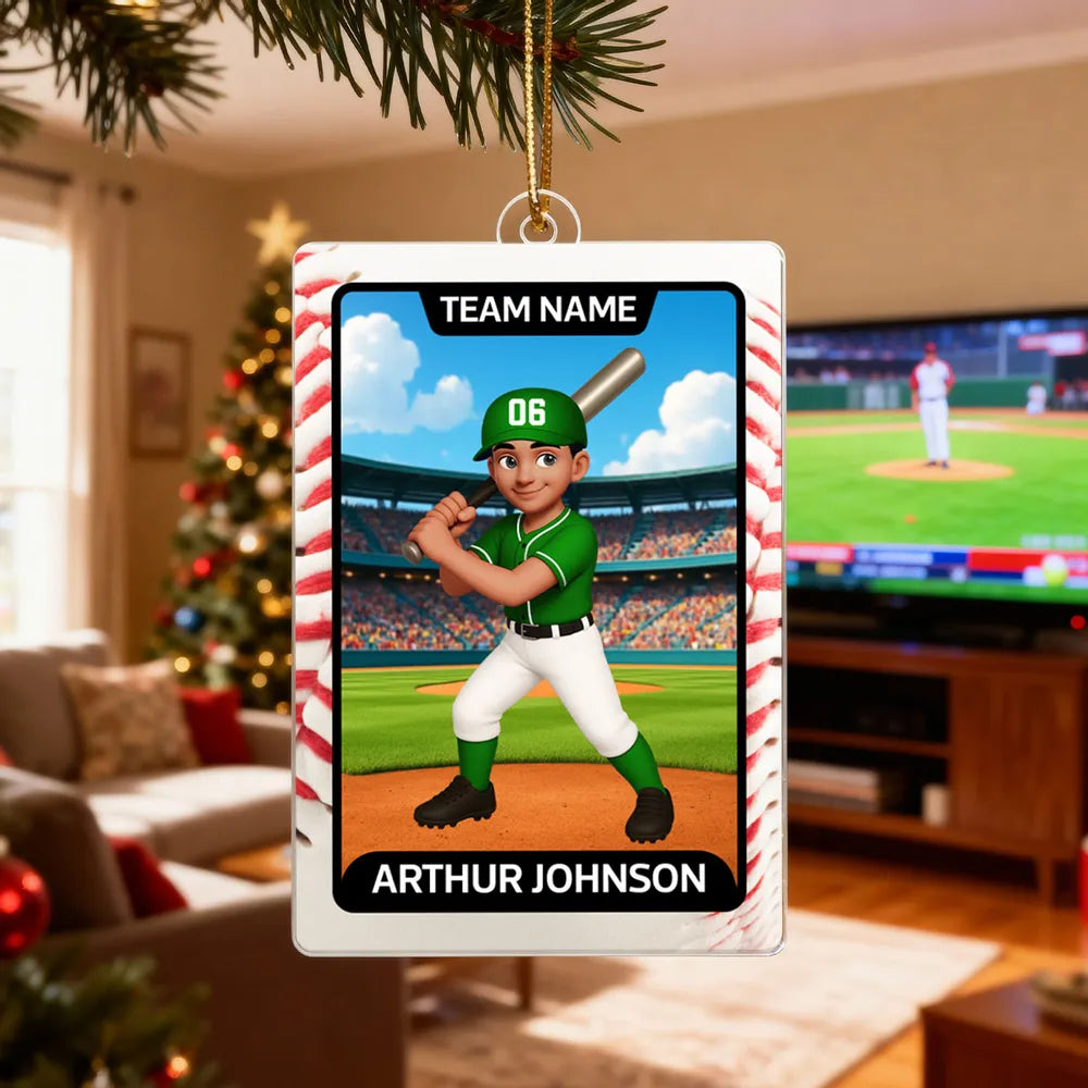 Baseball Card Acrylic Ornament, Cute Batting Pose, unique Christmas gift for Son, Daughter, Grandson or Granddaughter