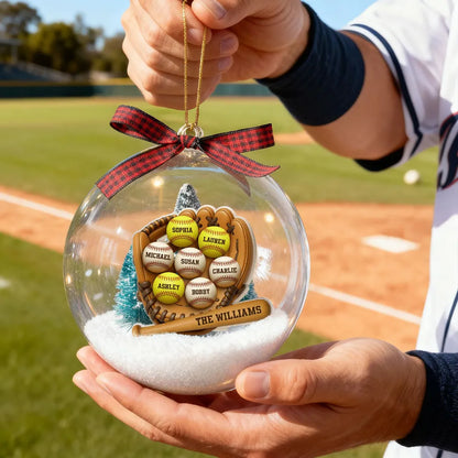 Snow Globe Ornament with Baseball Glove & Softball, Custom Family Keepsake for the Tree, Unique Holiday Gift for Sports Fans