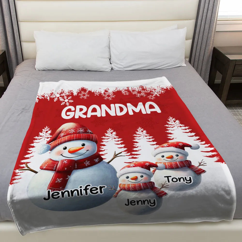 Fleece Blanket, Cute Snowman Family, Personalized, Snowy Forest Red & White, Cozy Winter Decor, Unique Grandma Gift