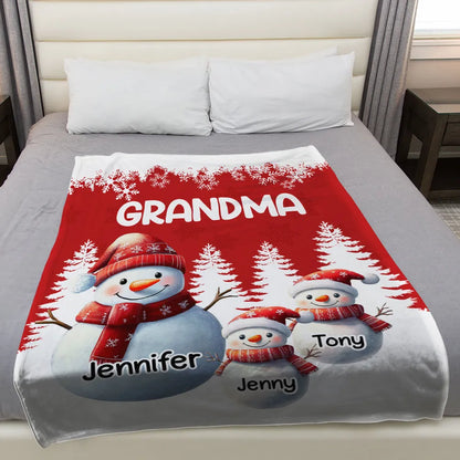 Fleece Blanket, Cute Snowman Family, Personalized, Snowy Forest Red & White, Cozy Winter Decor, Unique Grandma Gift