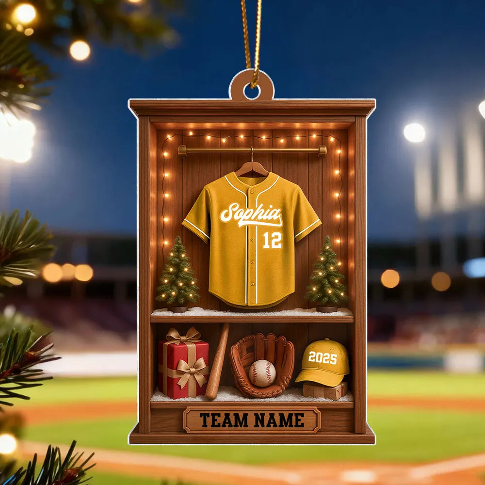 Personalized Baseball Acrylic Ornament, Warm Wood Locker Scene, Unique Christmas Gift for Baseball Fans