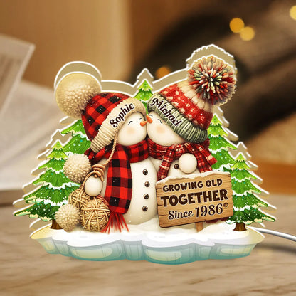 Acrylic Light Box, Snowman Couple Hug in Winter Pines, Warm Glow Decor, Growing Old Together, Unique Gift for Couples