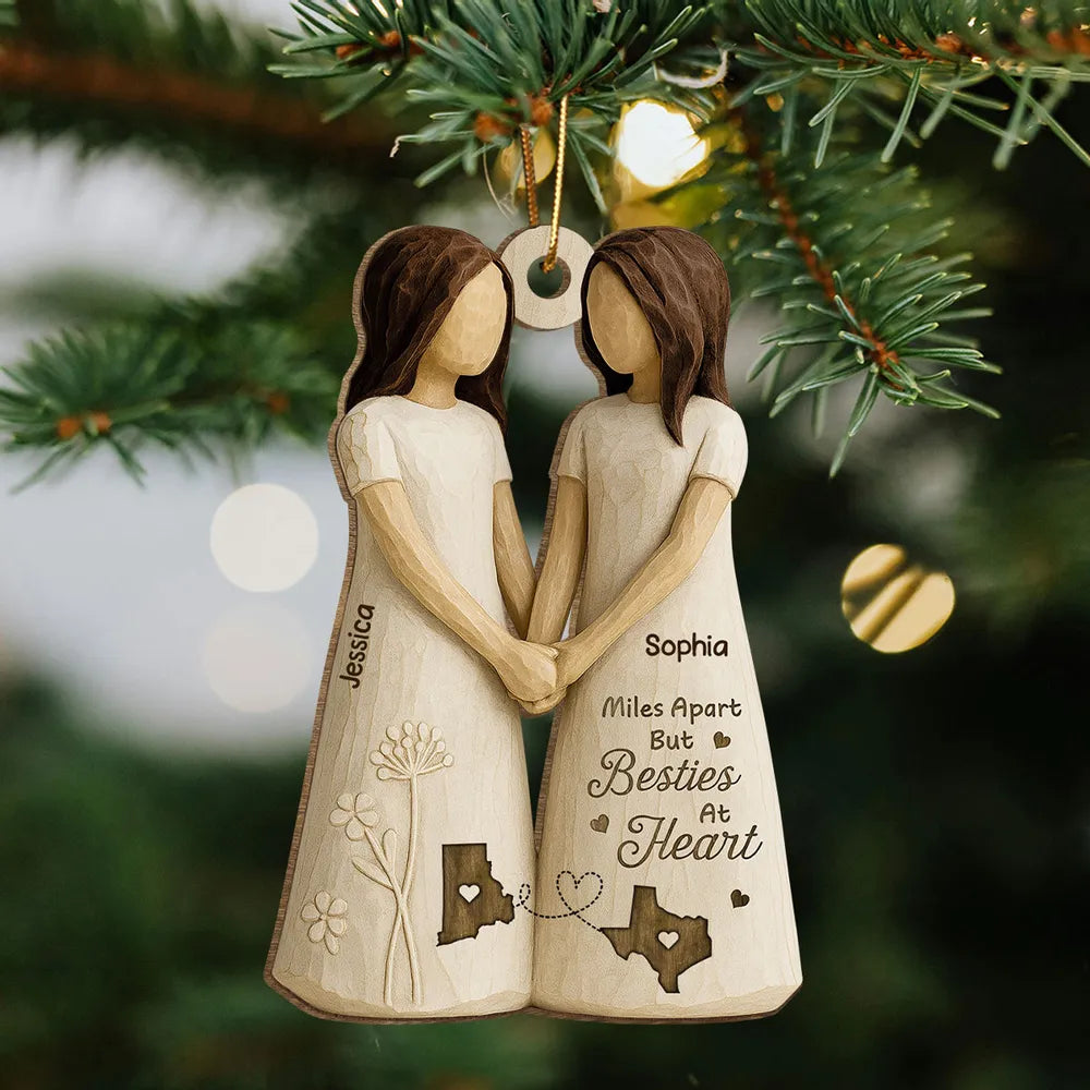 Personalized Wooden Ornament Best Friends Holding Hands, Simple Neutral Decor, Unique Besties Gift for Her
