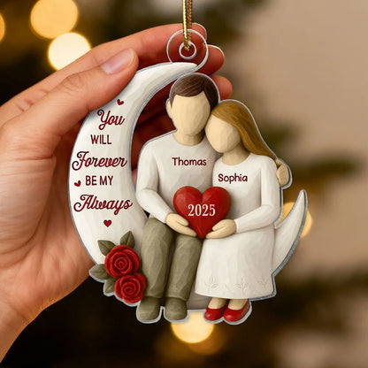 Acrylic Ornament with Crescent Moon Couple & Roses, Romantic Quote, Christmas Keepsake, Unique Gift for Couples