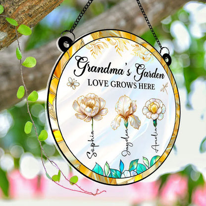 Personalized Acrylic Suncatcher Ornament – Grandma’s Garden “Love Grows Here”, thoughtful gift-ready keepsake for Grandma