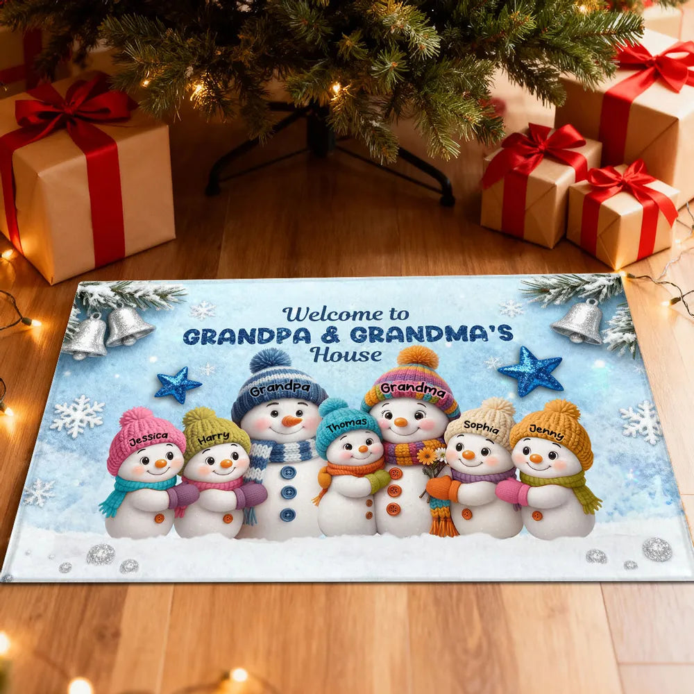 Welcome To Grandparents' House! Personalized Snowman Winter Non-Slip Standard Doormat, Festive Porch Decor Mat, Family Entrance Gift