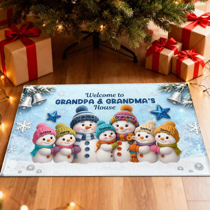 Welcome To Grandparents' House! Personalized Snowman Winter Non-Slip Standard Doormat, Festive Porch Decor Mat, Family Entrance Gift