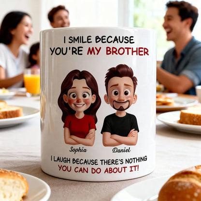 Funny Sibling White Ceramic Mug – Personalized Brother & Sister Cartoon, Playful Quote, Creative Gift for Coworker or Family