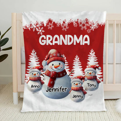 Fleece Blanket, Cute Snowman Family, Personalized, Snowy Forest Red & White, Cozy Winter Decor, Unique Grandma Gift