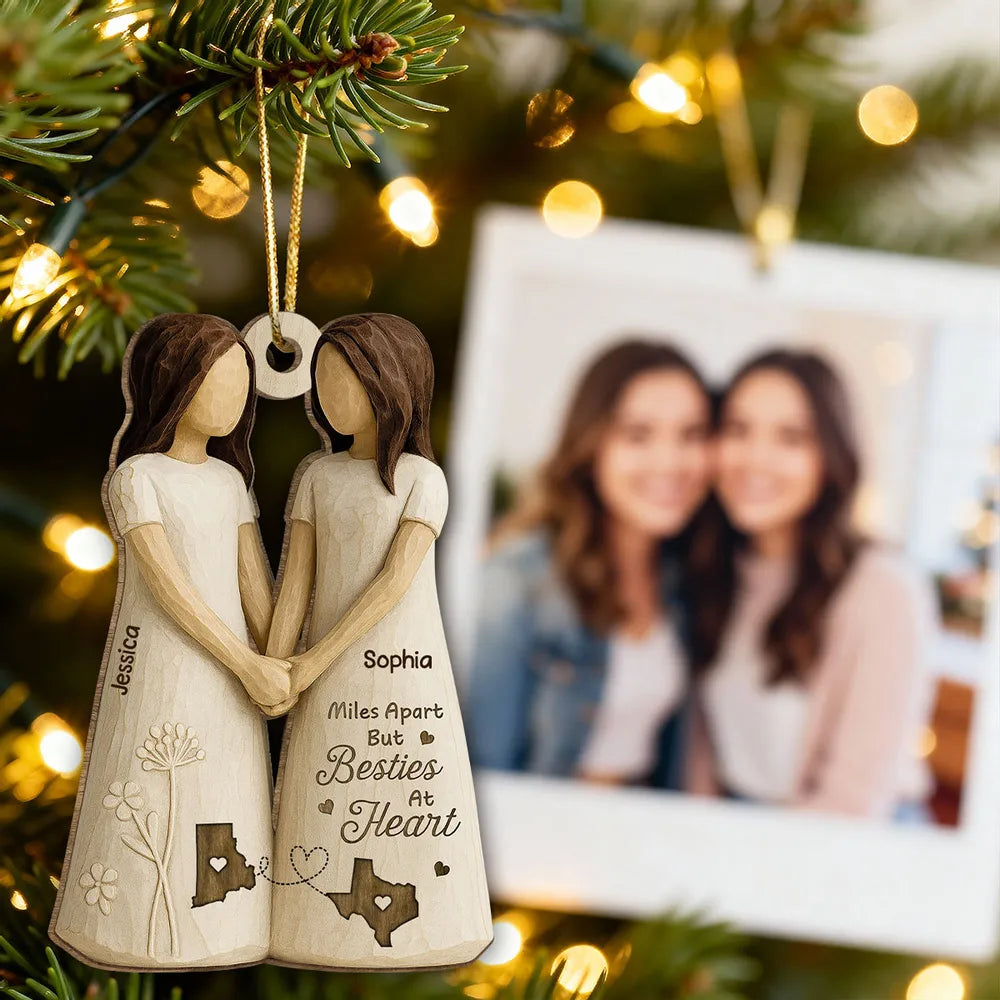 Personalized Wooden Ornament Best Friends Holding Hands, Simple Neutral Decor, Unique Besties Gift for Her