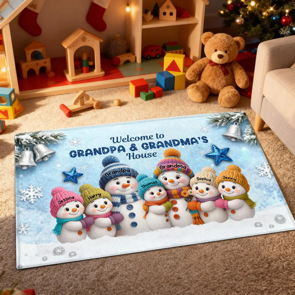 Welcome To Grandparents' House! Personalized Snowman Winter Non-Slip Standard Doormat, Festive Porch Decor Mat, Family Entrance Gift