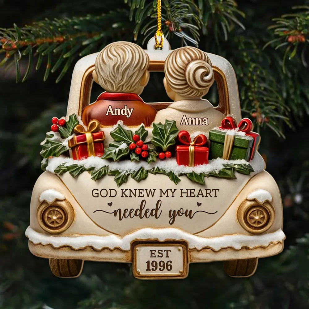 Personalized Acrylic Ornament, Couple in Snowy Car, God Knew My Heart Needed You, Unique Gift