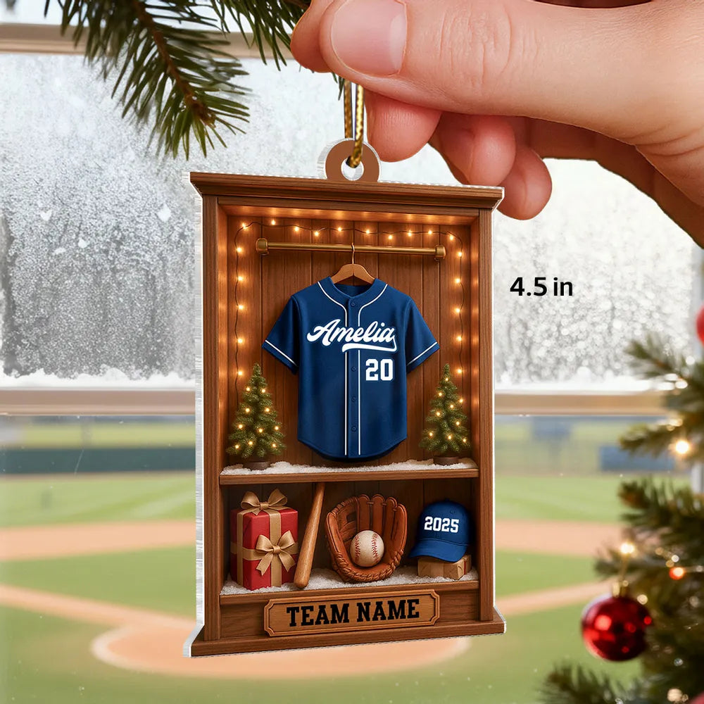 Personalized Baseball Acrylic Ornament, Warm Wood Locker Scene, Unique Christmas Gift for Baseball Fans