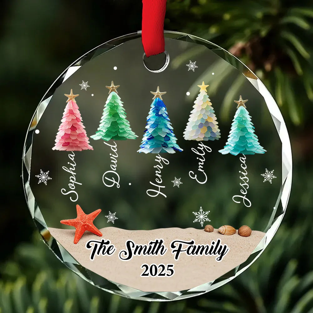 Custom Crystal Ornament with Beach-Inspired Christmas Trees, Personalized Family Name Holiday Decor, Creative Christmas Gift for Loved Ones