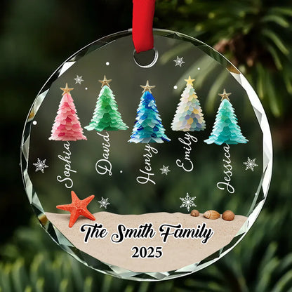 Custom Crystal Ornament with Beach-Inspired Christmas Trees, Personalized Family Name Holiday Decor, Creative Christmas Gift for Loved Ones