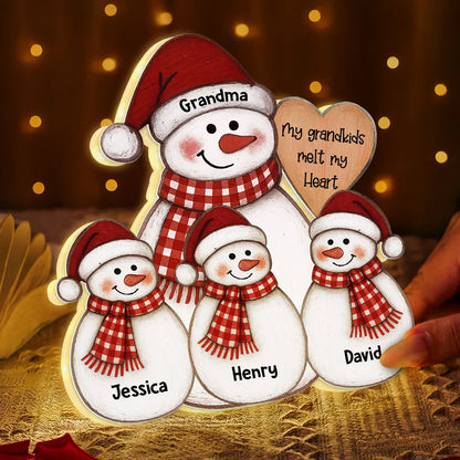 Acrylic Light Box Snowman Grandma & Grandkids, Christmas folk art, warm glow, unique gift for Grandma
