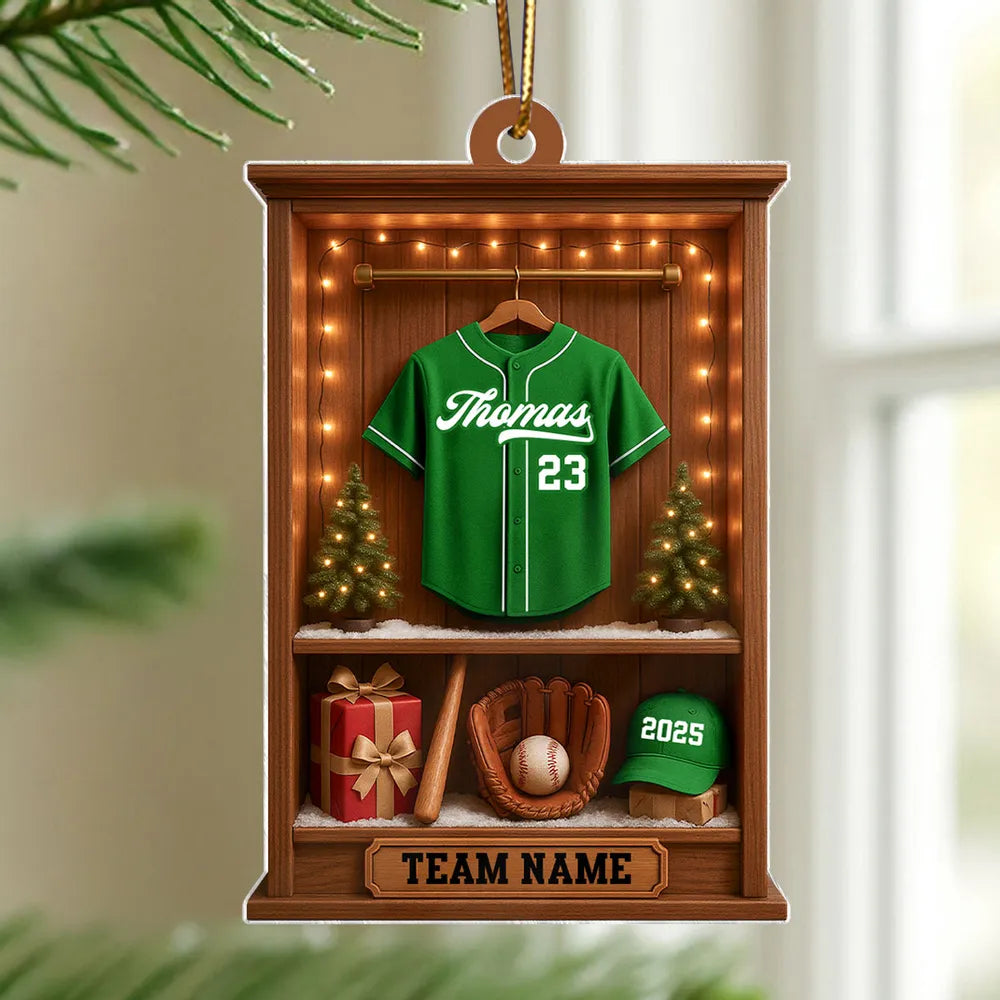 Personalized Baseball Acrylic Ornament, Warm Wood Locker Scene, Unique Christmas Gift for Baseball Fans
