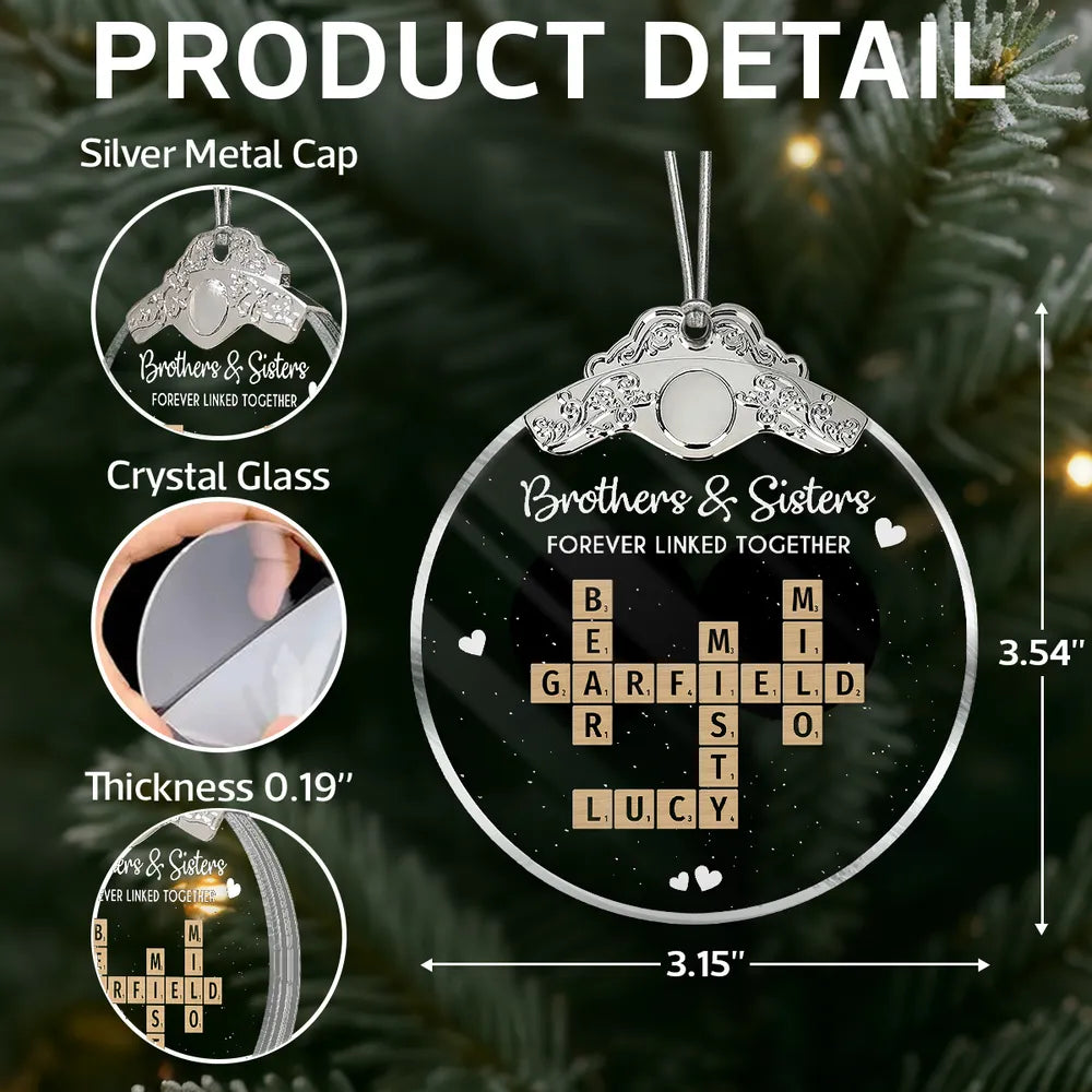 Silver Capped Glass Ornament with siblings crossword tiles, cozy tree display, warm family keepsake, gift-ready decoration for Christmas gatherings