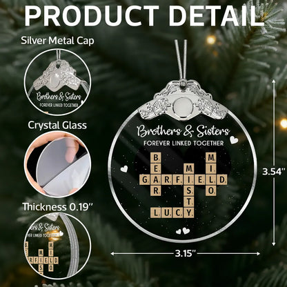 Silver Capped Glass Ornament with siblings crossword tiles, cozy tree display, warm family keepsake, gift-ready decoration for Christmas gatherings