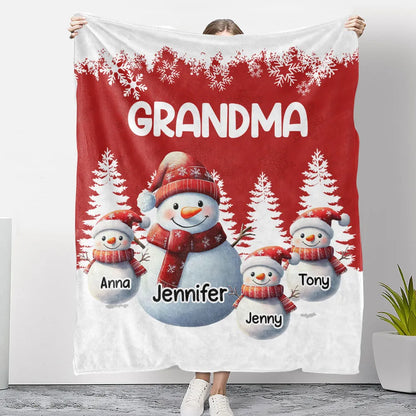 Fleece Blanket, Cute Snowman Family, Personalized, Snowy Forest Red & White, Cozy Winter Decor, Unique Grandma Gift