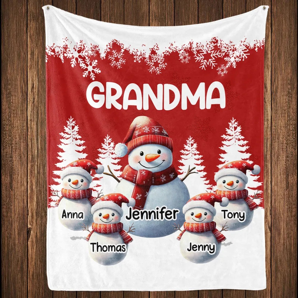 Fleece Blanket, Cute Snowman Family, Personalized, Snowy Forest Red & White, Cozy Winter Decor, Unique Grandma Gift