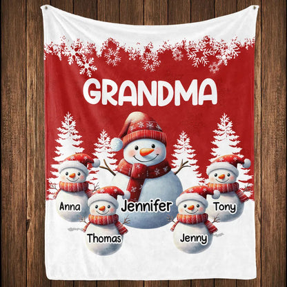 Fleece Blanket, Cute Snowman Family, Personalized, Snowy Forest Red & White, Cozy Winter Decor, Unique Grandma Gift