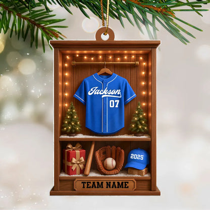 Personalized Baseball Acrylic Ornament, Warm Wood Locker Scene, Unique Christmas Gift for Baseball Fans