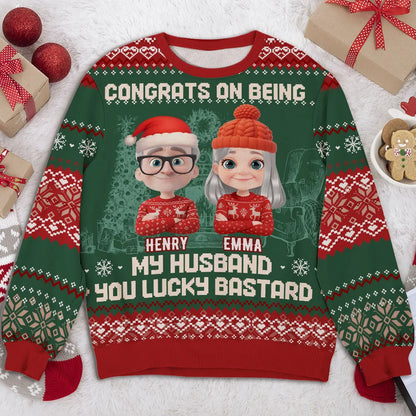 Custom Cartoon Couple Printed Sweatshirt for Husband – Playful Christmas-Inspired Design, One-of-a-Kind Romantic Gift