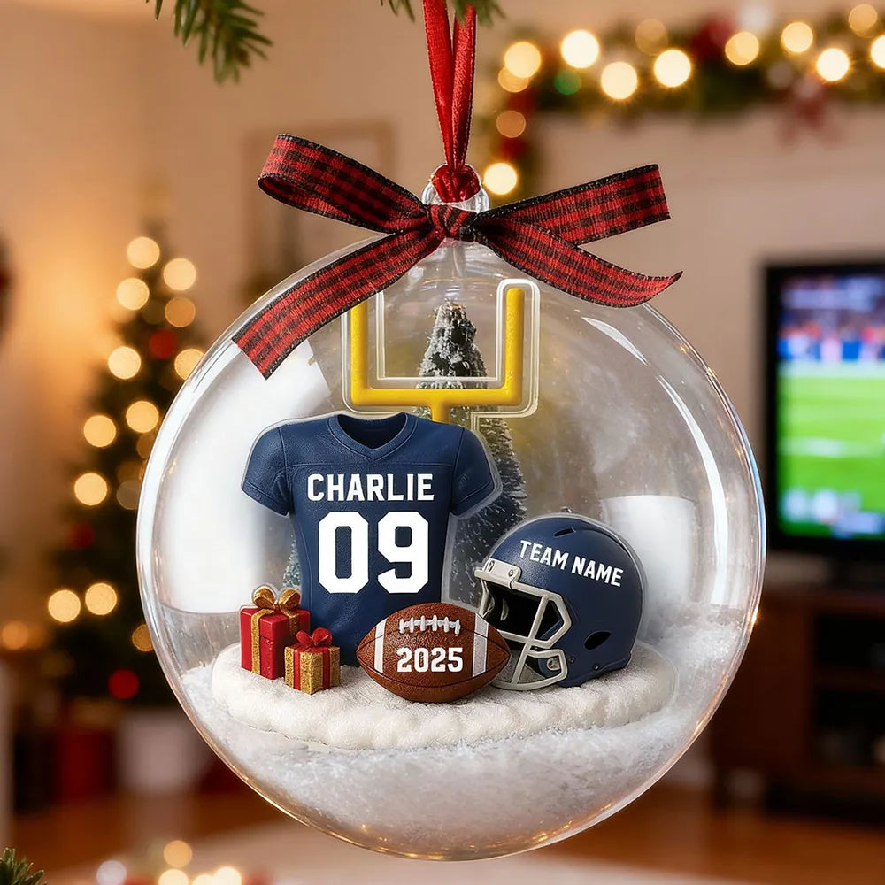 Snow Globe Ornament - Football Jersey, Helmet & Goal Post, Customizable, Christmas Tree Decor, A Unique Gift for Players & Fans