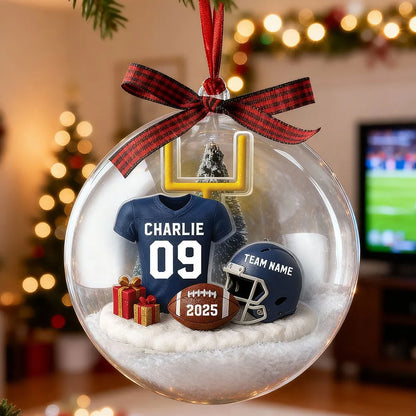 Snow Globe Ornament - Football Jersey, Helmet & Goal Post, Customizable, Christmas Tree Decor, A Unique Gift for Players & Fans