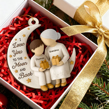 Wooden Ornament - Grandma & Grandkid on Crescent Moon, Customizable, unique gift for Granddaughter or Grandson